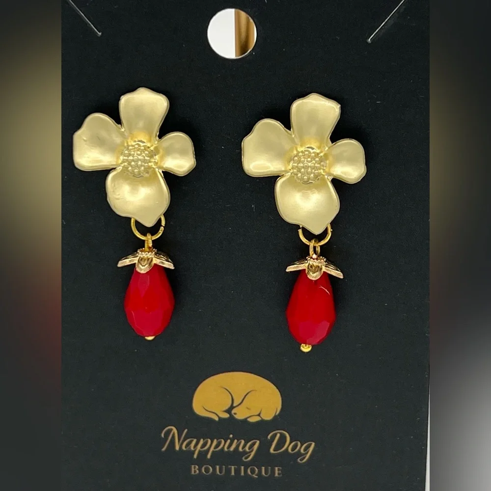 Gold Floral Earrings with Red Teardrop Crystal Dangle - Picture 2 of 3